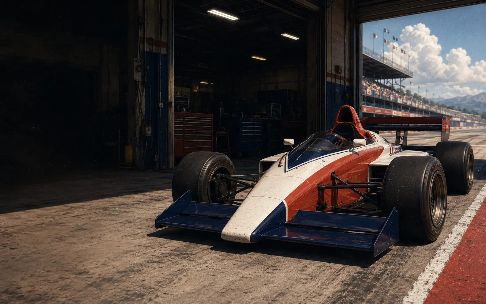 A fictional open-wheel car in a garage