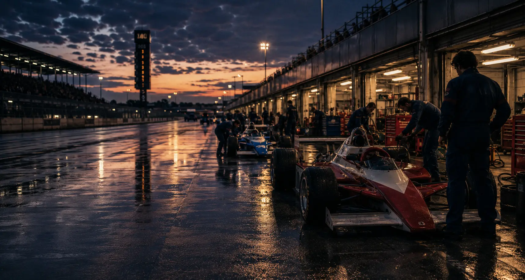 A fictional wet pit lane at dusk