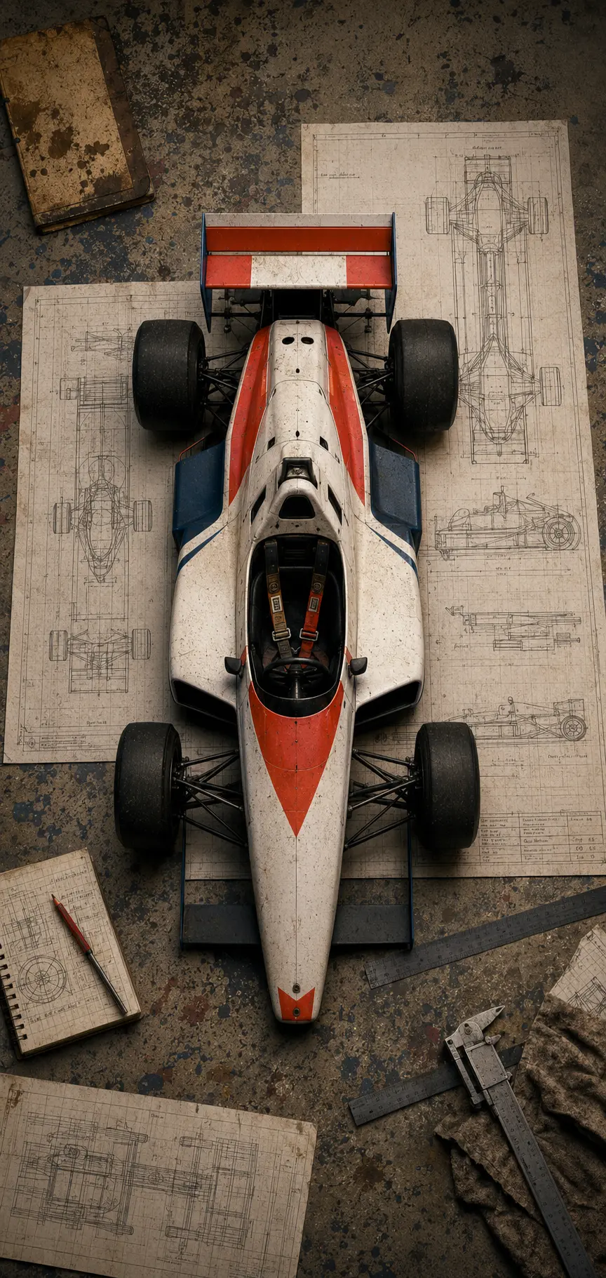 A fictional racing car viewed above technical drawings